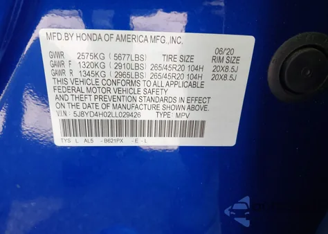 2020 Acura Mdx Technology A-Spec Packages from USA, damaged, VIN 5J8YD4H02LL029426